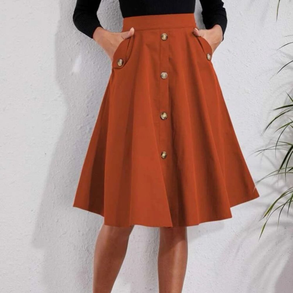 Classic Burnt Orange  Button Detail Pocket Midi Skirt Work - Picture 3 of 16